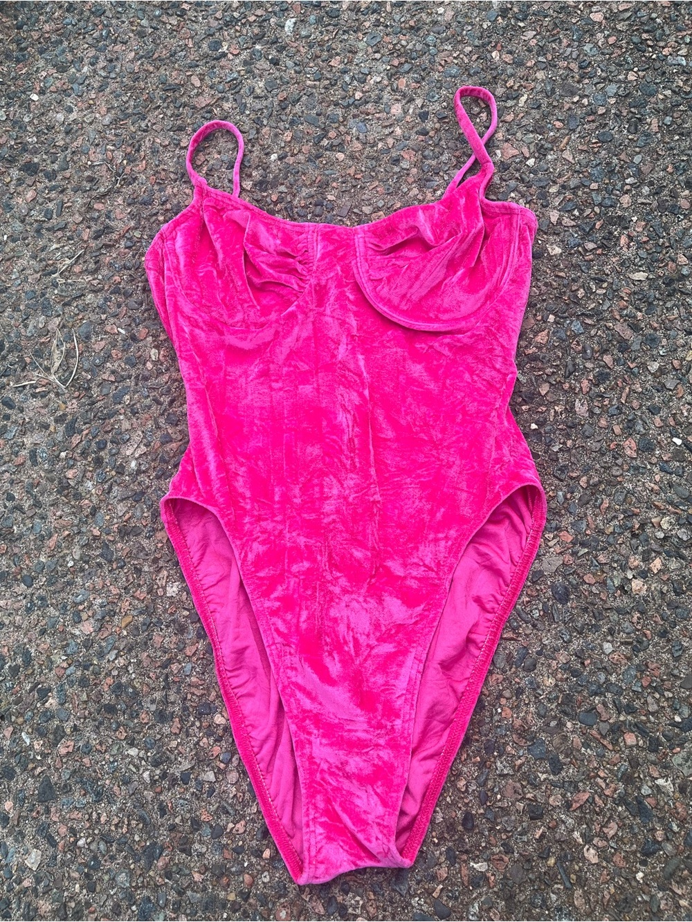 Women’s Hot Pink Barbie Fuchsia Velvet One-Piece Swimsuit High Cut SZ M
